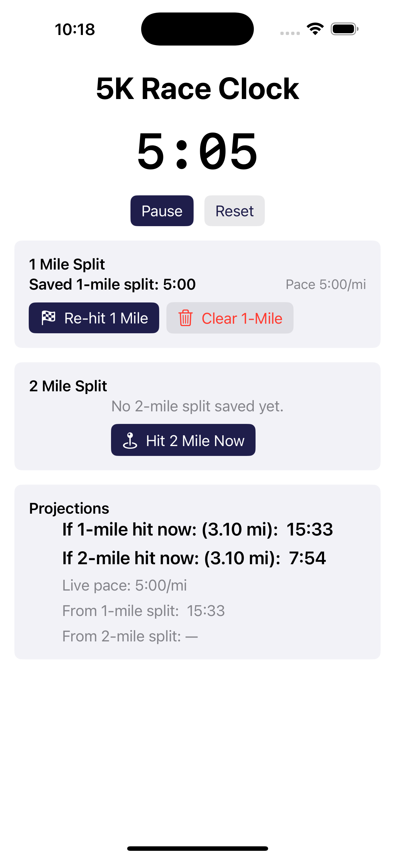 5KClock — 1-mile split entry and projection