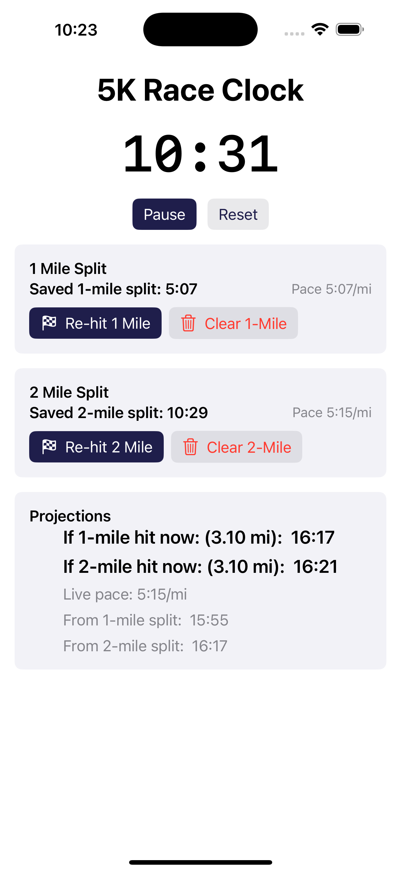 5KClock — 2-mile split with updated finish prediction